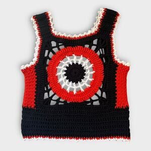 Vintage 70s Crochet Crop Top Hand Made Hippie Indie Festival Black & Orange sz S